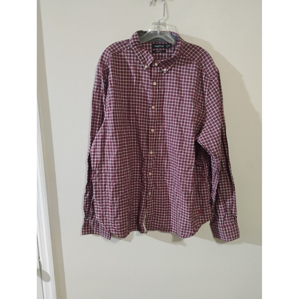 Nautica Mens XXL Classic Fit Plaid Button Down Long Sleeve Shirt Red Blue White